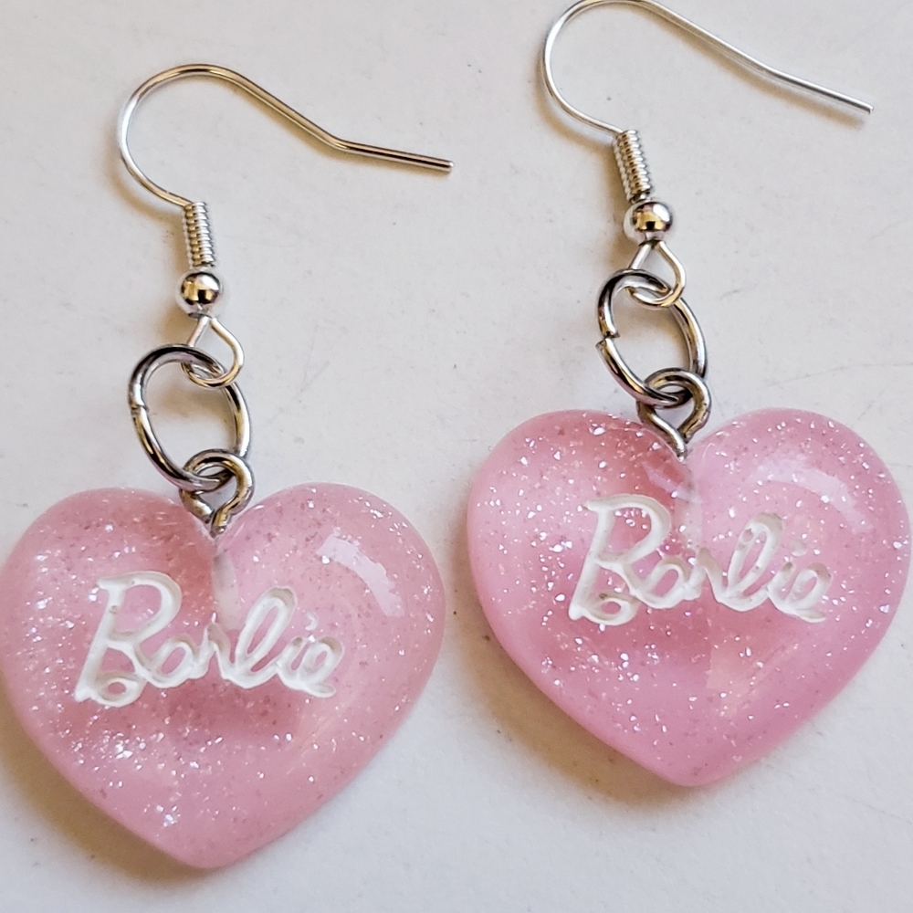 Handmade Pink Glitter Resin Heart Barbie Earrings